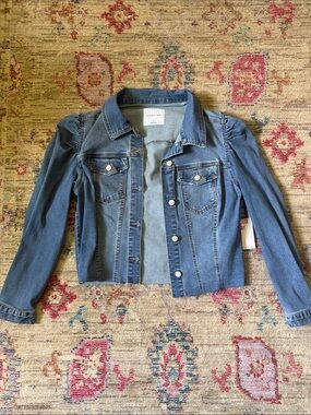 Celebrity Pink Light Blue Denim Jacket with Puff Shoulder Details